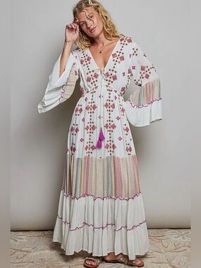 POL V-Neck Boho Tassel Cotton Tiered Maxi Dress